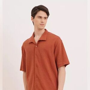 Zara Men's Burnt Orange Textured Knit Camp Collar Shirt